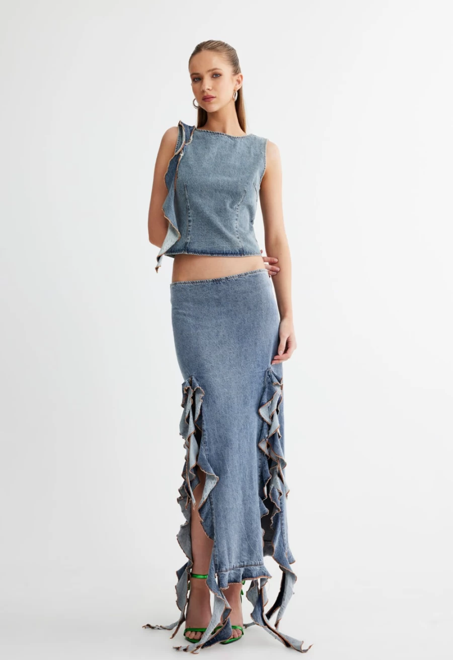 Lioness Women's Rendezvous Skirt in Faded Denim | Stylish Denim Skirt for Women