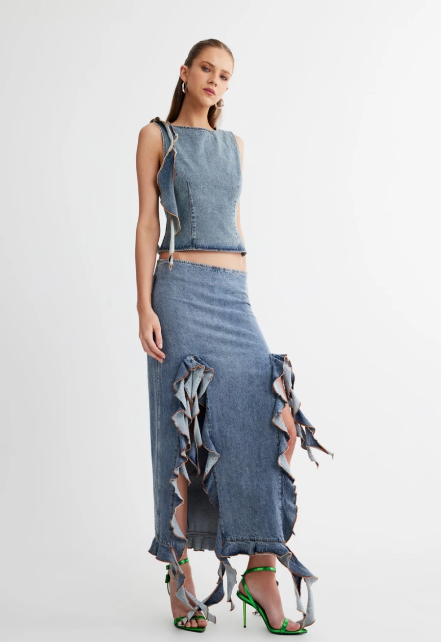 Lioness Women's Rendezvous Skirt in Faded Denim | Stylish Denim Skirt for Women