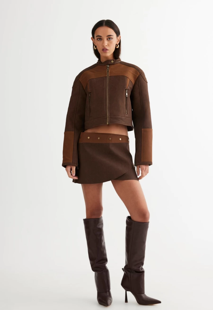 Lioness Women's Chocolate Brown Nueve Biker Jacket - Stylish Motorcycle Outerwear