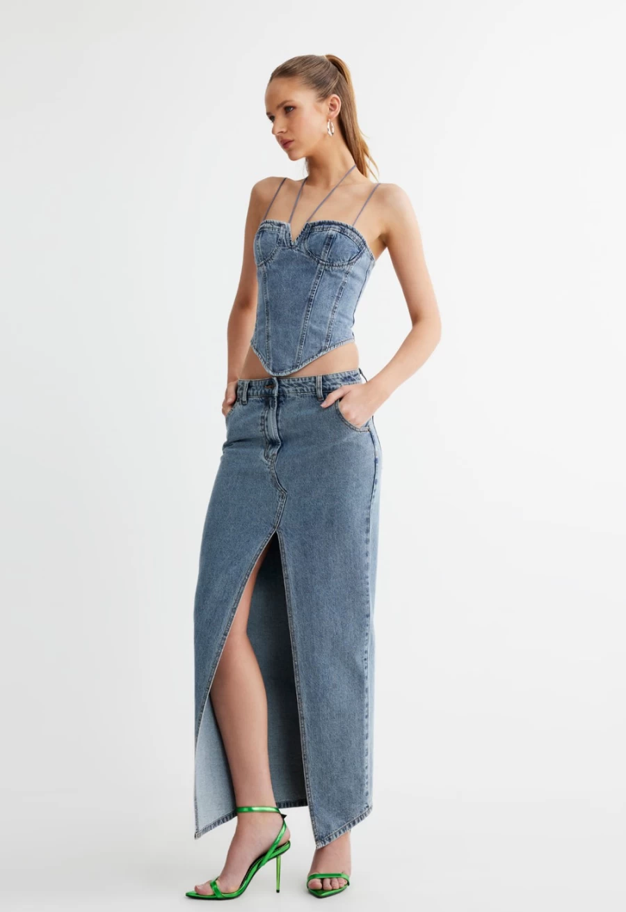 Lioness Women's Faded Denim Del Gato Corset – Vintage Style Bustier Top