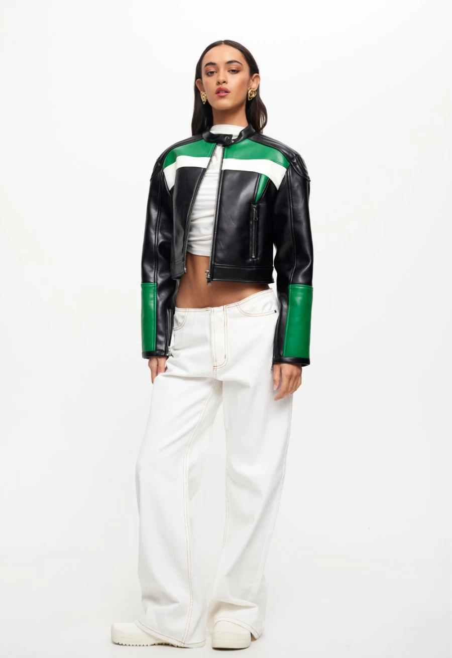 Lioness Women's Green Nueve Biker Jacket - Stylish Motorcycle Outerwear