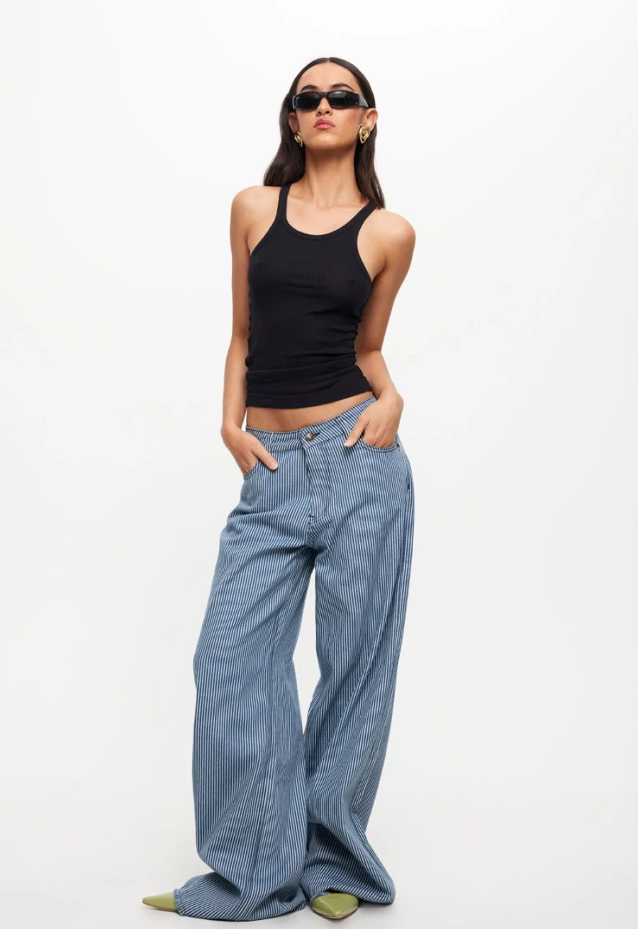 Lioness Women's Eivissa Baggy Jean in Blue Denim Stripe - Stylish High-Waisted Relaxed Fit