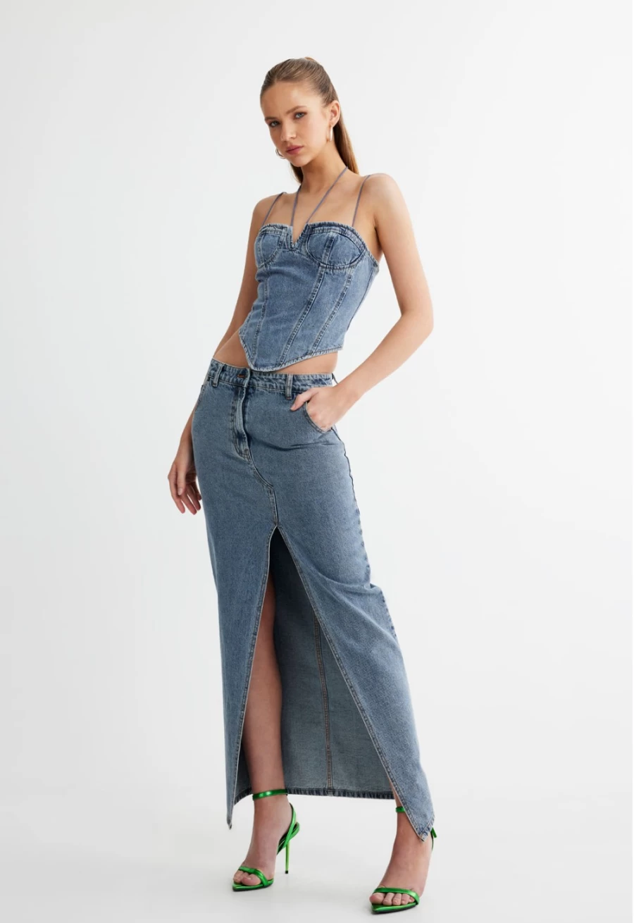 Lioness Women's Faded Denim Barbie Split Midi Dress