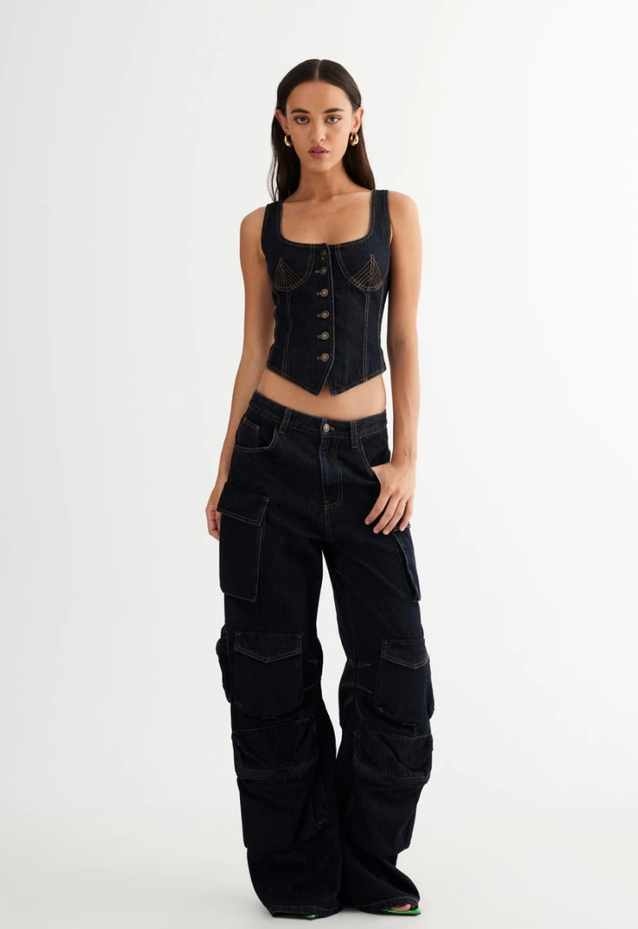 Lioness Women's Dark Denim After Hours Corset - Stylish Late-Night Fashion Corset Top
