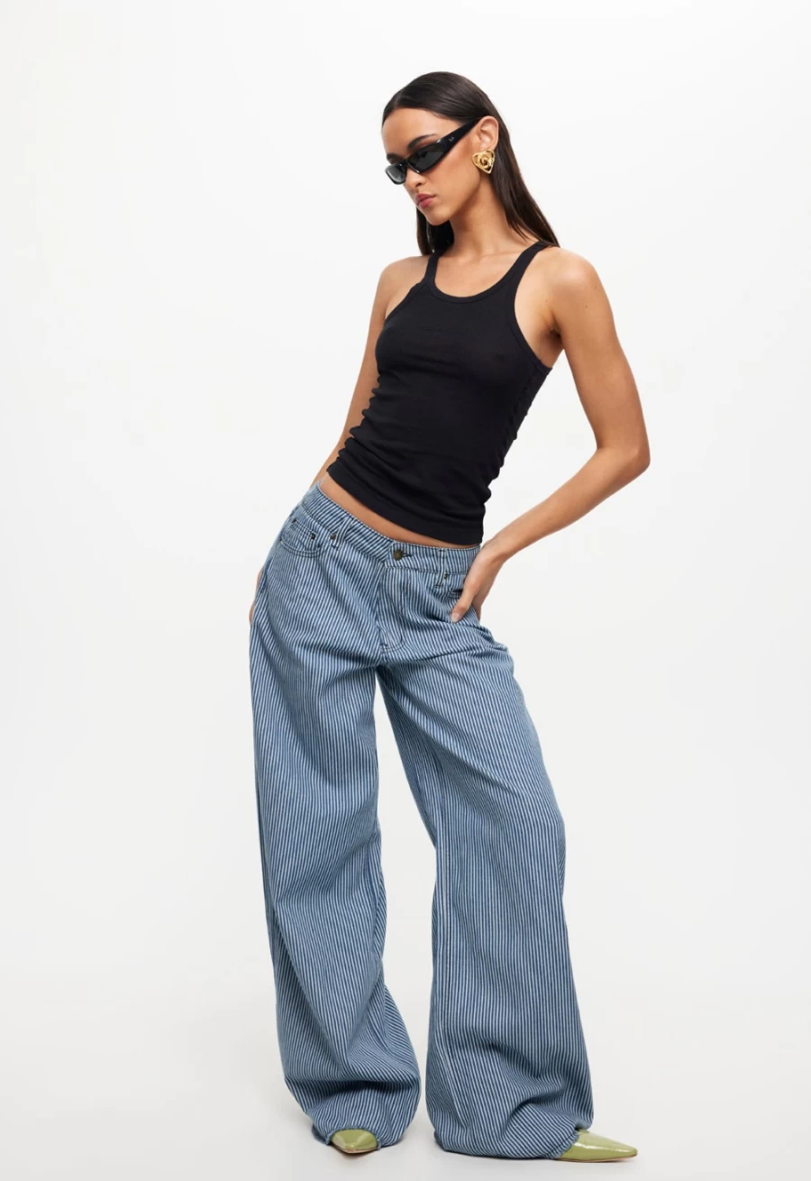 Lioness Women's Blue Denim Stripe Eivissa Baggy Jean - High Waisted Relaxed Fit Jeans