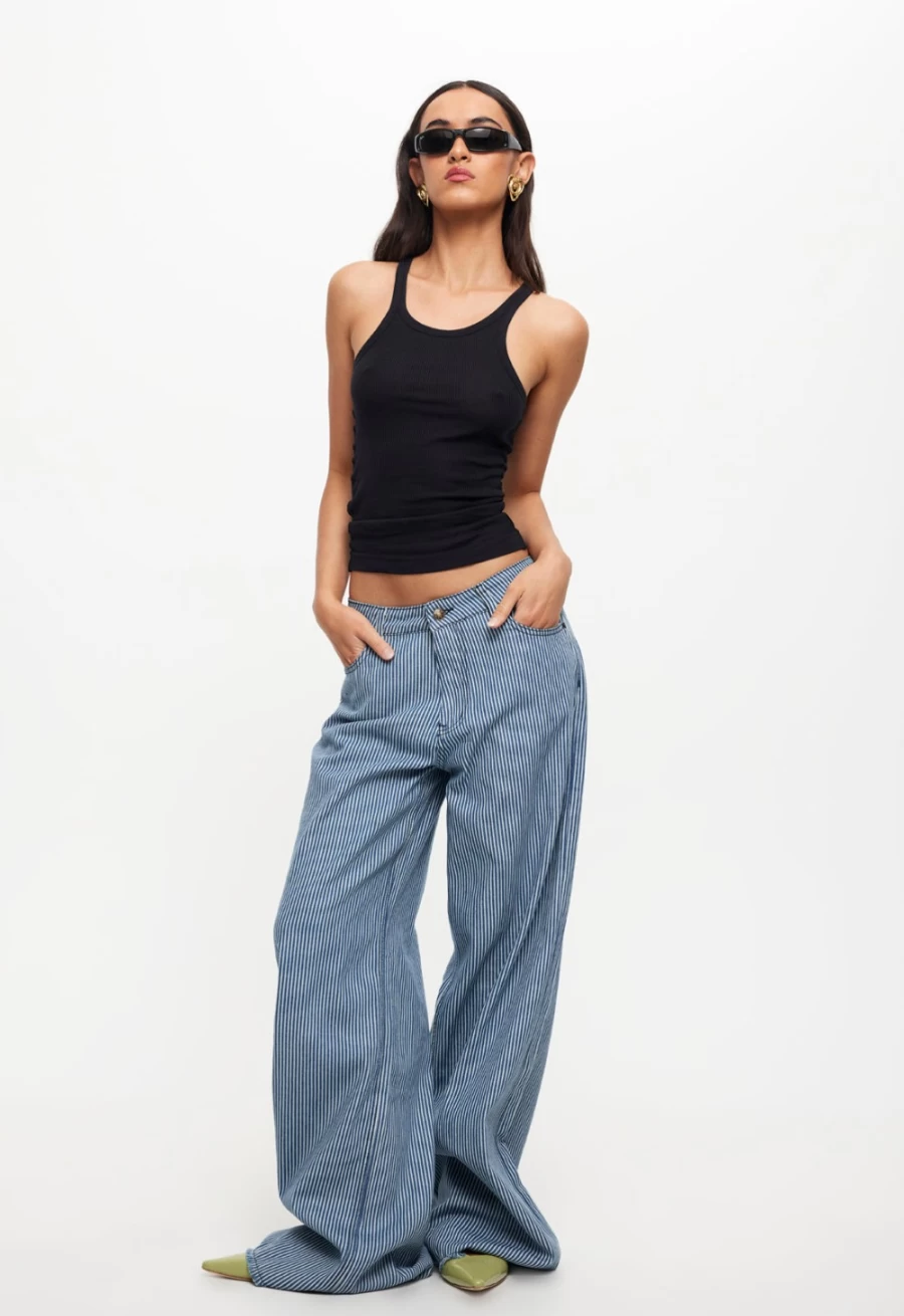 Lioness Women's Blue Denim Stripe Eivissa Baggy Jean - High Waisted Relaxed Fit Jeans
