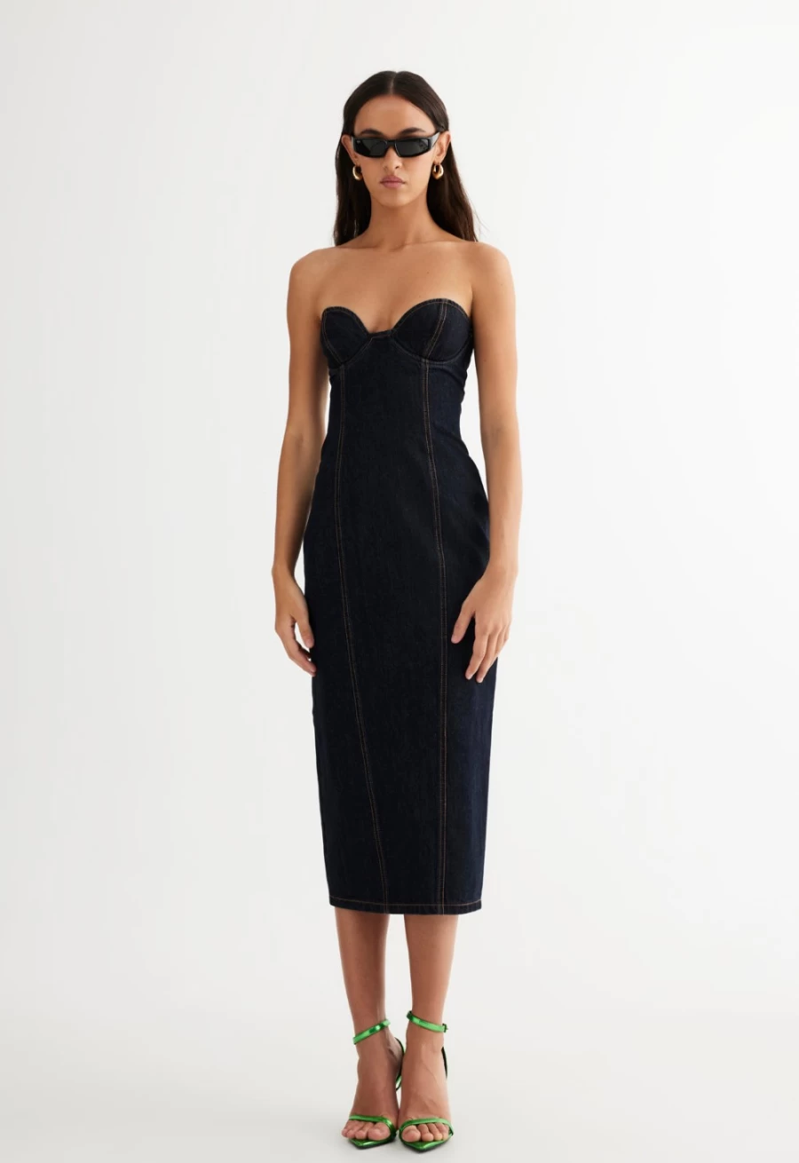 Lioness Women's Dark Denim Smokeshow Strapless Dress - Denim Blue Party Gown