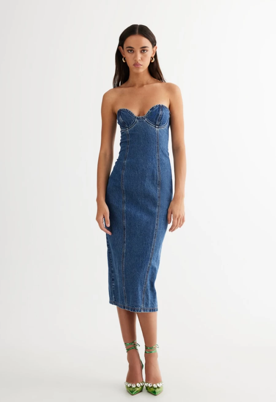 Lioness Women's Blue Denim Smokeshow Strapless Dress - Stylish Denim Party Dress