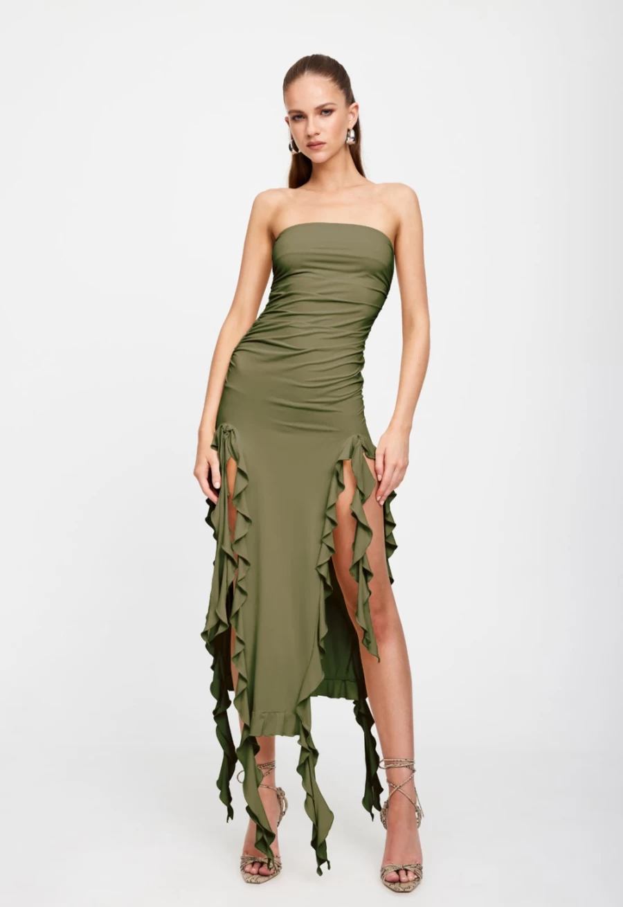 Lioness Women's Olive Rendezvous Strapless Dress - Elegant & Stylish Olive Green Formal Gown