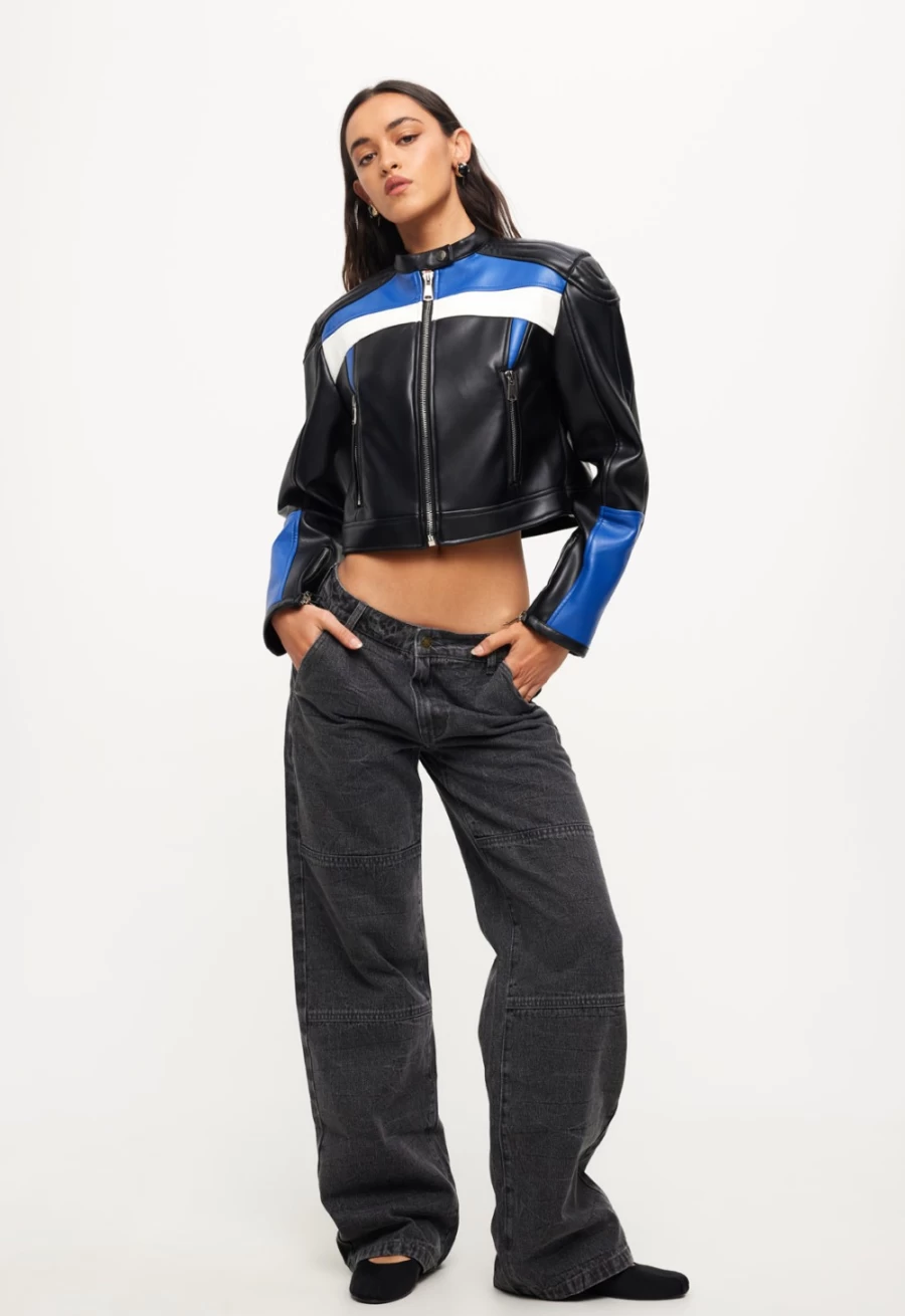 Lioness Women's Black and Blue Nueve Biker Jacket - Stylish Motorcycle Jacket for Women
